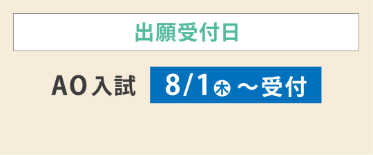 出願受付日 AO入試 8/1（木）〜受付　※出願許可証発行から３週間程度